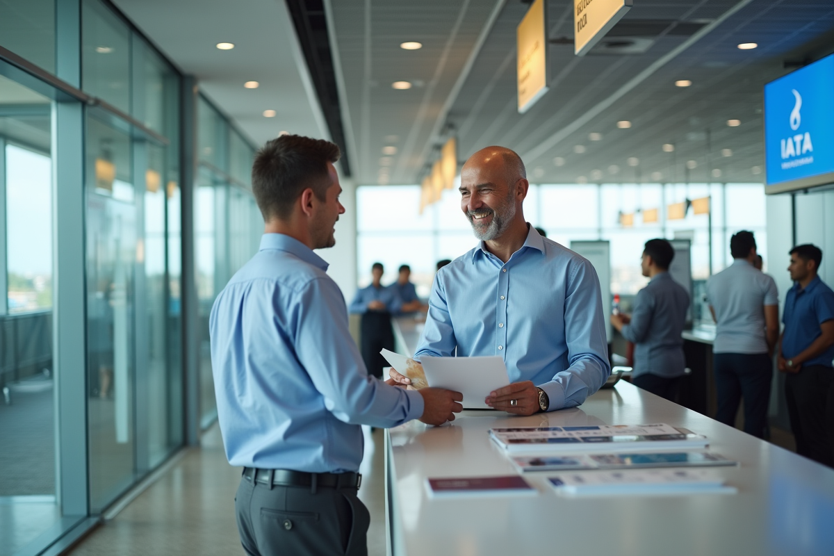 Homme d affaires remettant des documents à un agent à l aéroport