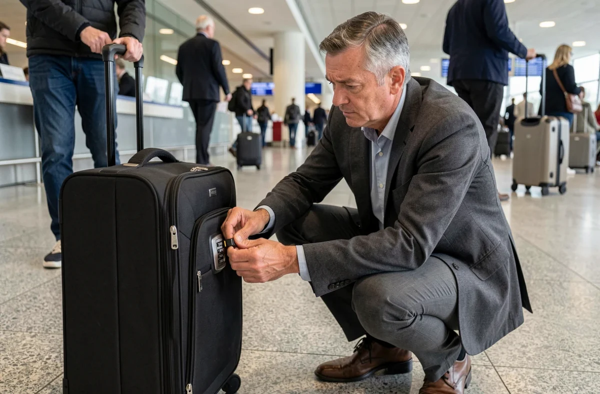 Homme à l'aéroport tentant d'ouvrir une valise dont le code est perdu