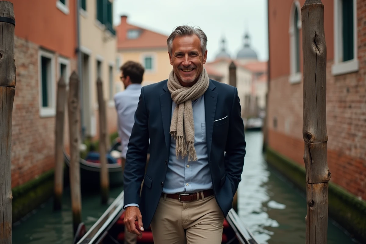 Homme aidant une femme à monter dans une gondole à Venise