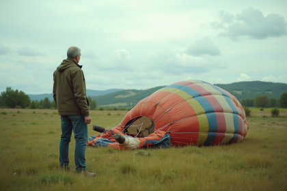 Homme anxieux près d'un ballon dégonflé dans un champ