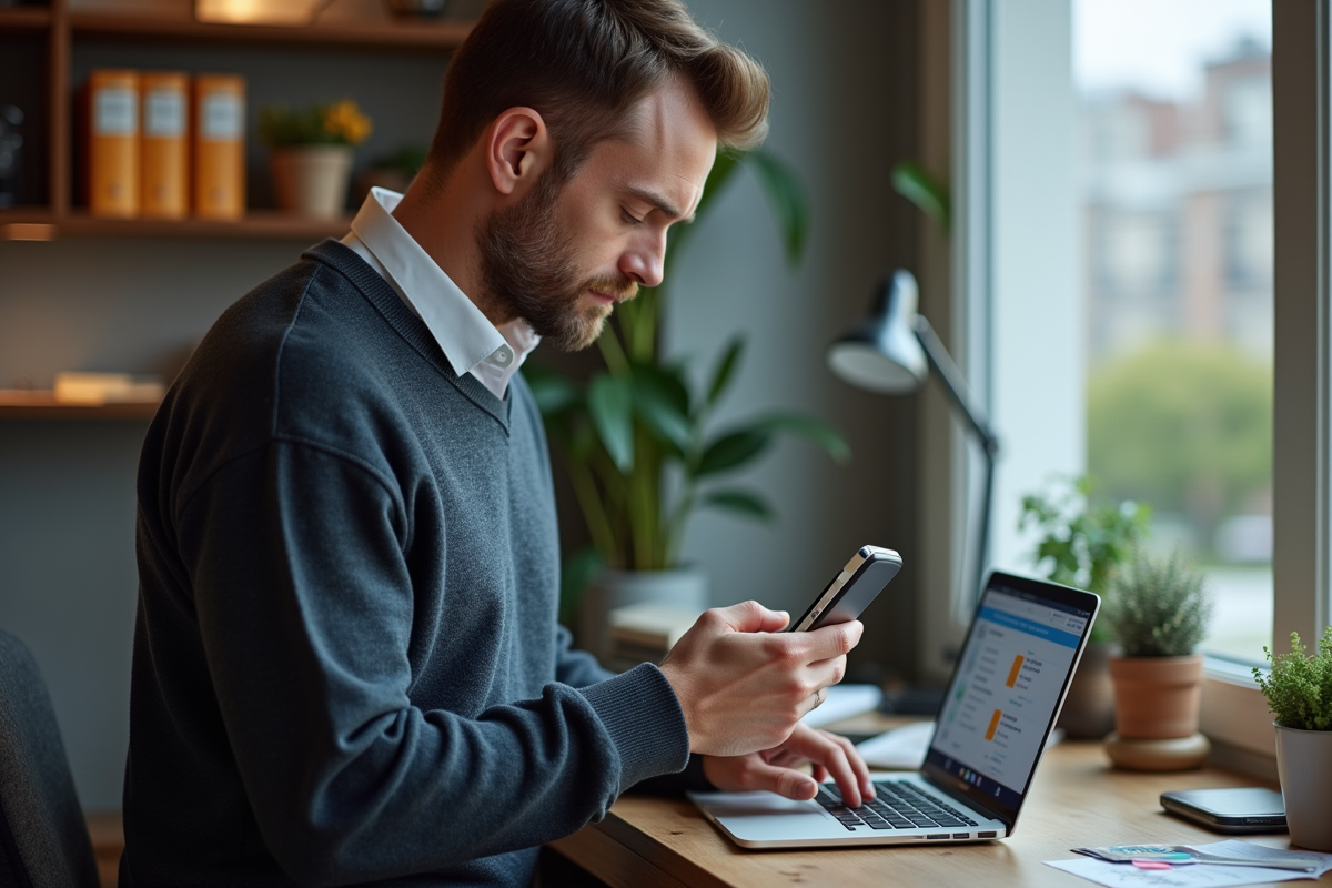 Homme vérifiant un e-ticket sur son smartphone dans un bureau