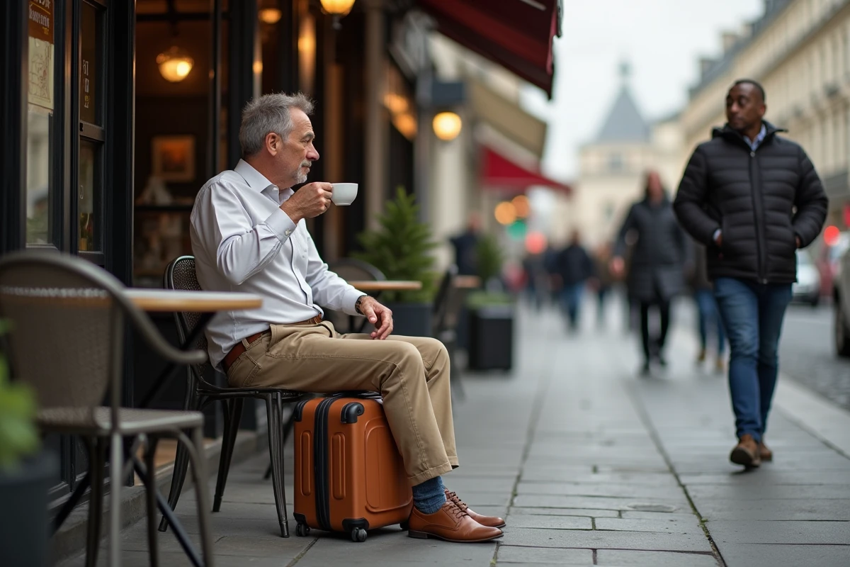 Homme assis dans un café parisien avec sac de voyage