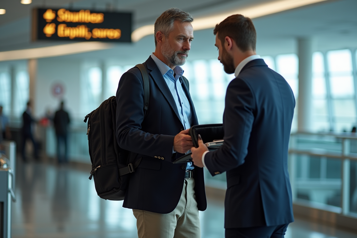 Homme en costume contrôlant son sac à l