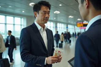 Homme d'affaires japonais présentant des yen au contrôle douane