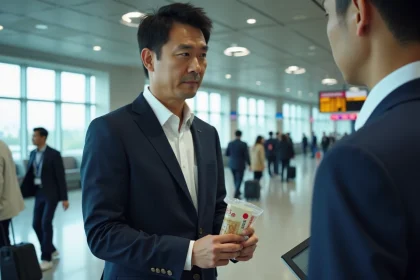 Homme d'affaires japonais présentant des yen au contrôle douane