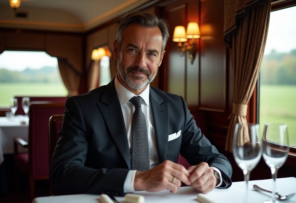 Homme en costume ajustant ses manchettes dans le restaurant du train