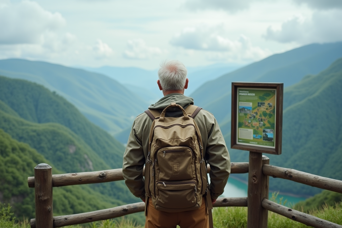 Homme âgé lisant un panneau d ecotourisme en montagne