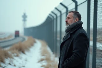 Homme d'âge moyen près d'une barrière de fil de fer en hiver