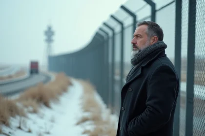 Homme d'âge moyen près d'une barrière de fil de fer en hiver