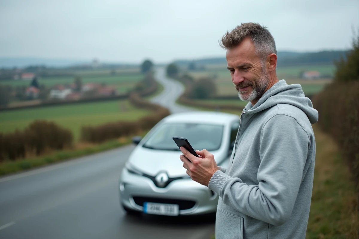 Homme consultant un itinéraire sur smartphone au bord d'une route de campagne française avec sa voiture garée