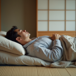 Homme japonais dormant paisiblement sur un futon dans une chambre minimaliste