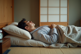 Homme japonais dormant paisiblement sur un futon dans une chambre minimaliste