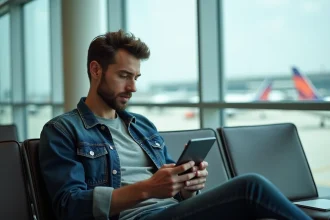Jeune homme avec tablette dans un lounge aéroport