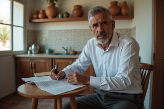 Homme marocain en intérieur examine des documents de location