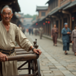 Homme asiatique debout près d'un rickshaw en 19e siècle