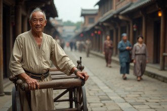 Homme asiatique debout près d'un rickshaw en 19e siècle