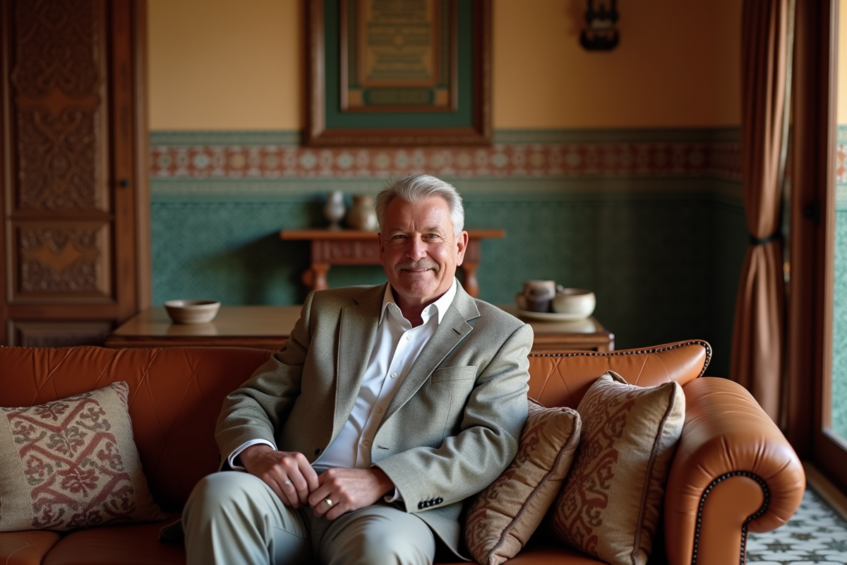 Homme en costume dans un salon marocain traditionnel