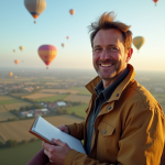Homme souriant dans une nacelle de ballon en vol