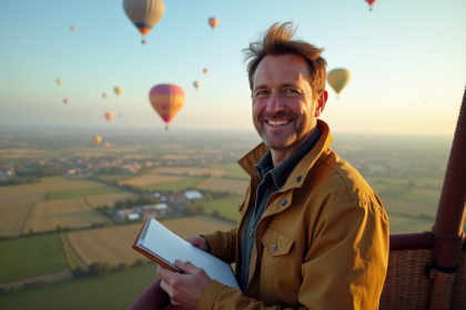 Homme souriant dans une nacelle de ballon en vol