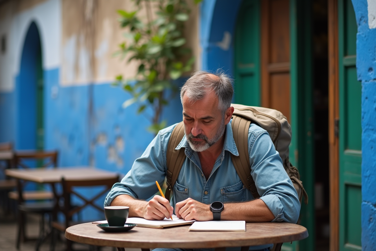 Voyageur assis buvant thé à Chefchaouen