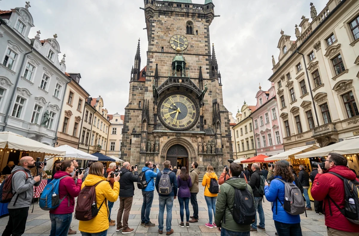 L'horloge astronomique de Prague sur la place de la Vieille-Ville entourée de touristes admiratifs