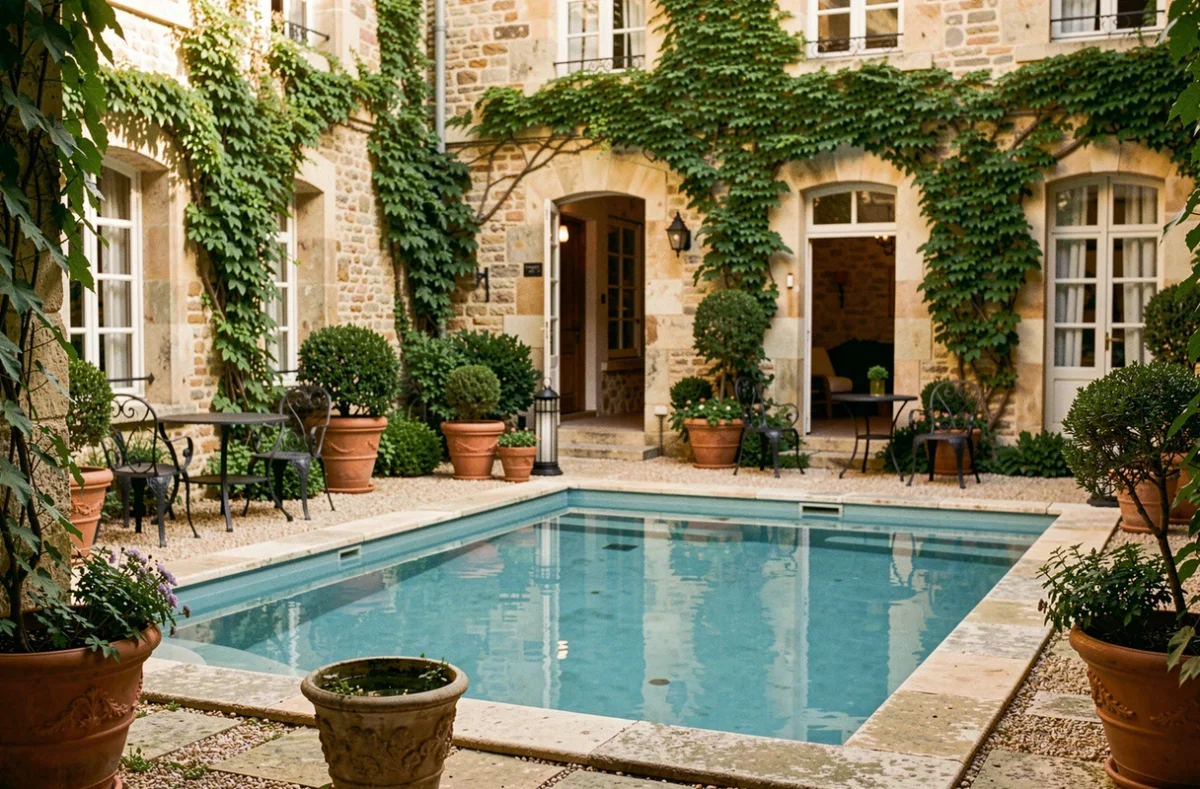 Piscine de l'Hôtel Les Coulisses du Théâtre entourée de murs en pierre ancienne et de mobilier en fer forgé