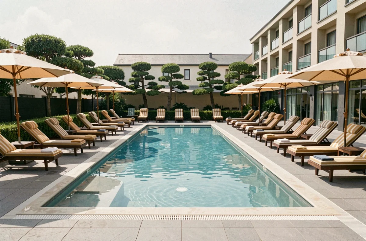 Piscine extérieure de l'Hotel Escapade Senlis Best Western Plus avec transats et parasols sur terrasse pavée