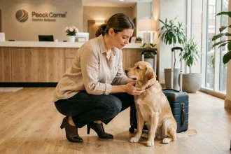 Femme et son chien golden retriever dans le hall d'accueil d'un hôtel ibis moderne, illustrant un séjour avec animal de compagnie
