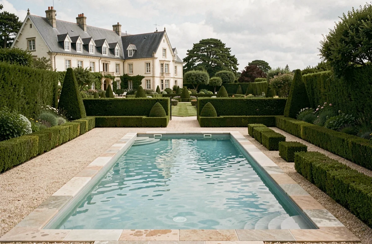 Piscine extérieure de l'Hôtel et Spa Les Jardins d'Hardelot entourée de jardins à la française et de haies de buis