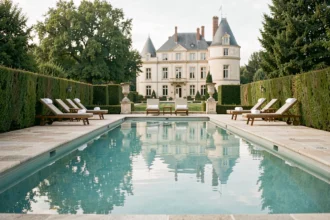 Piscine extérieure d'un hôtel de luxe dans les Hauts-de-France avec terrasse en pierre et vue sur un château