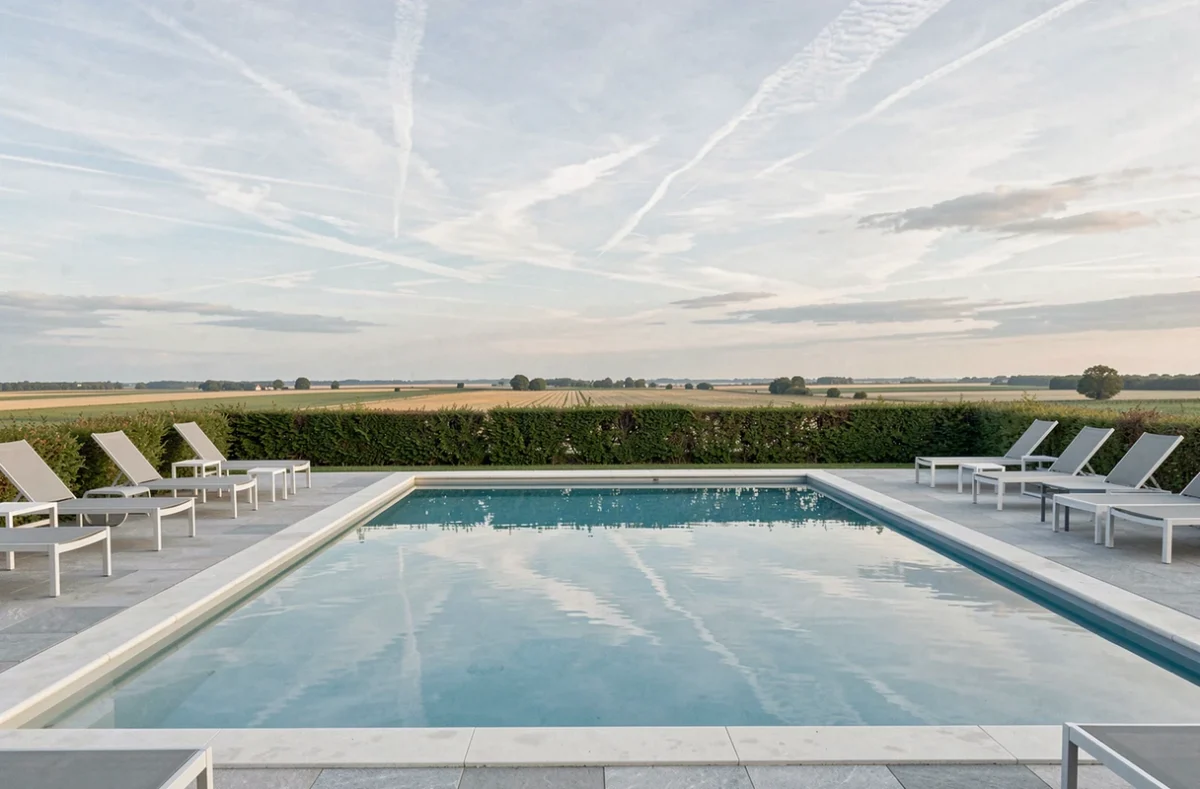 Piscine d'un hôtel dans la Somme avec vue sur le paysage plat et typique de la région Hauts-de-France