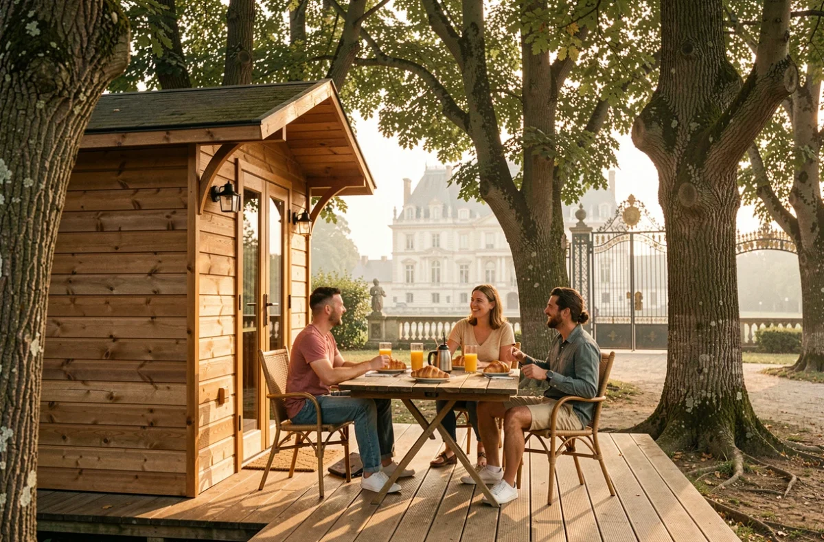 Famille prenant le petit-déjeuner sur la terrasse en bois d'un chalet glamping de Huttopia Versailles avec les grilles dorées du château de Versailles visibles entre les arbres