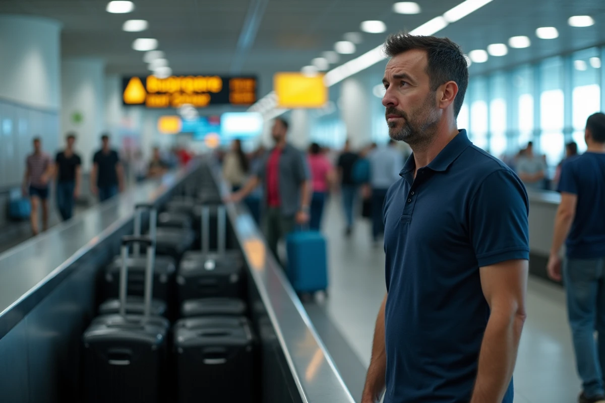 Homme cherchant sa valise noire non identifiée sur un tapis bagages d'aéroport