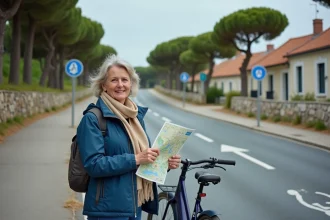 Femme avec carte et vélo près d'une piste cyclable à Ré
