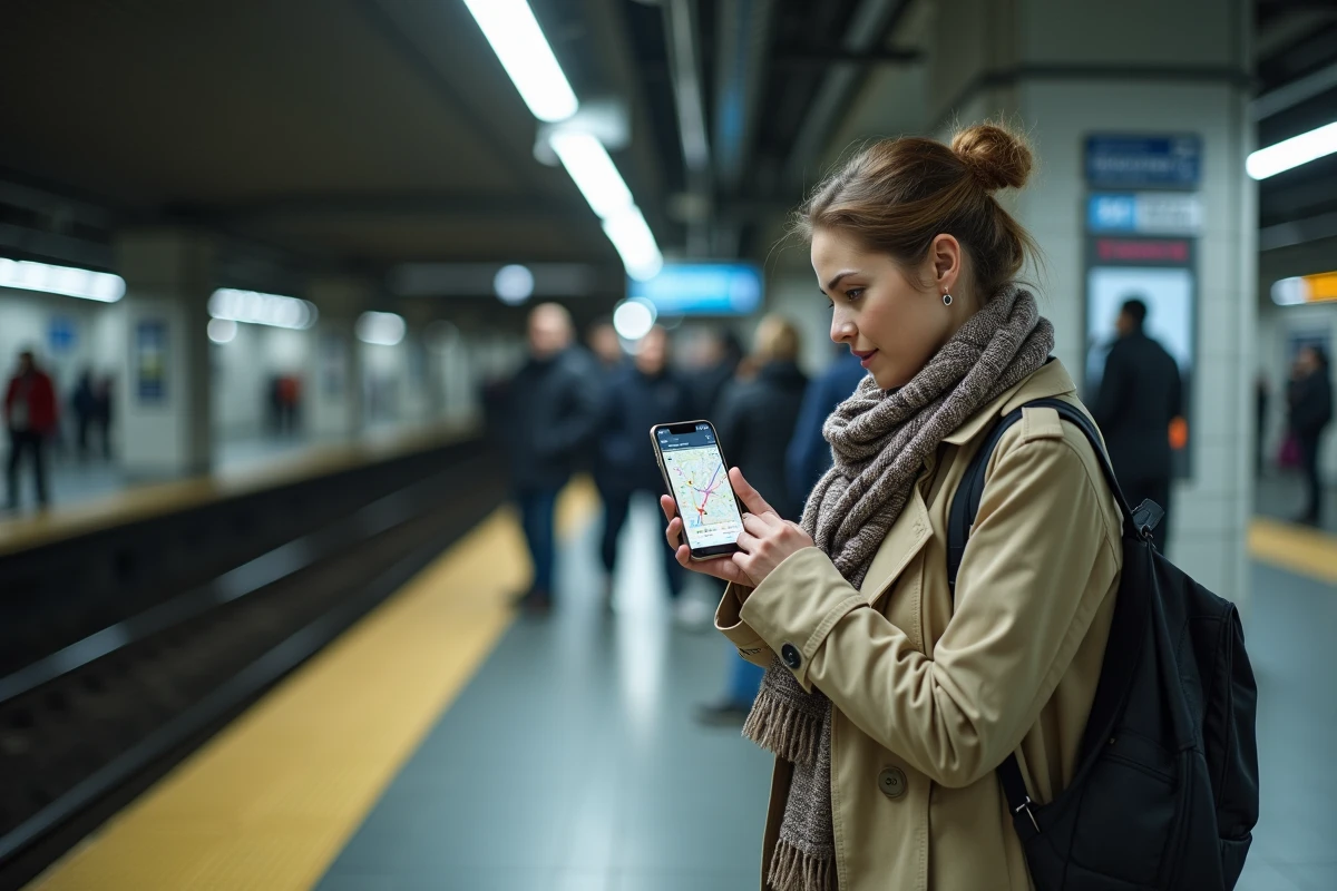 Une femme consulte les transports en commun intégrés dans Mappy depuis une station de métro, visualisant les correspondances et la couverture du réseau sur son téléphone