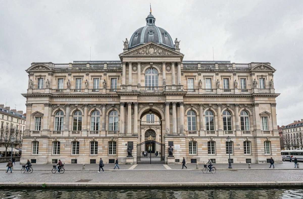 Façade néoclassique de l'InterContinental Lyon - Hotel Dieu avec son dôme emblématique au bord du Rhône à Lyon