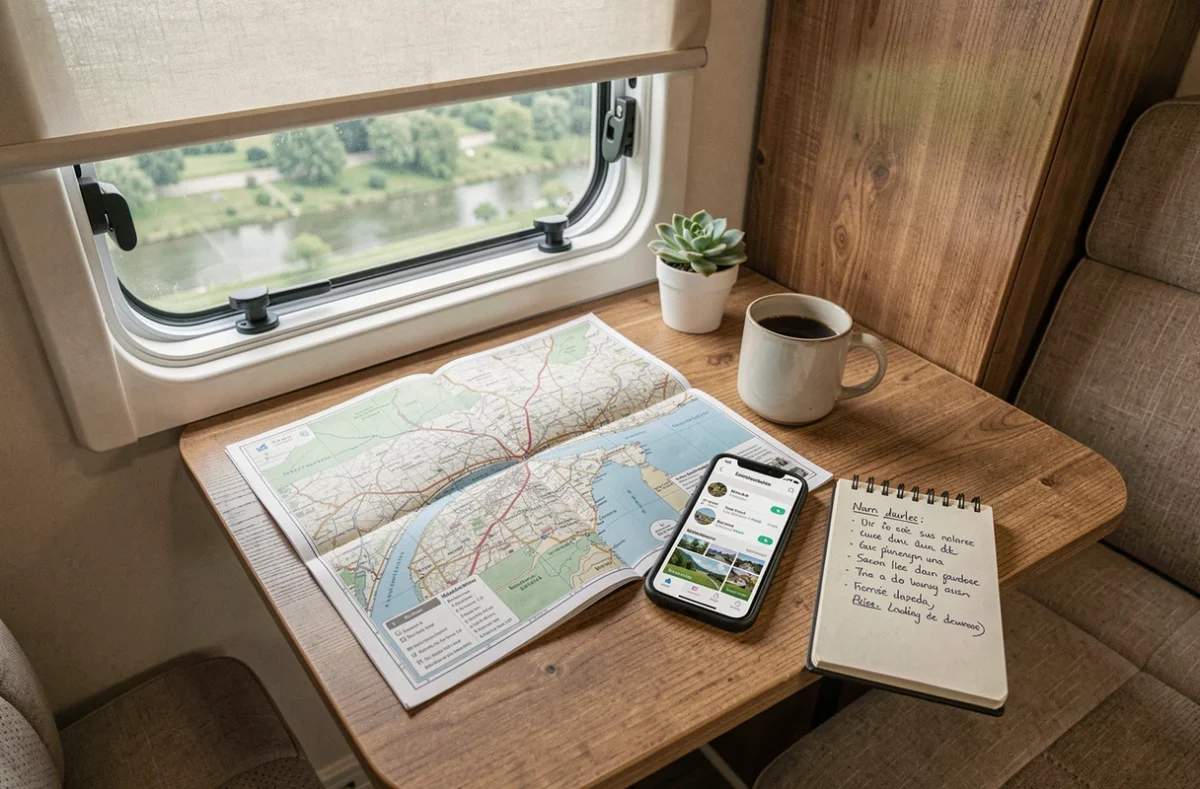 Intérieur de camping-car avec atlas routier ouvert sur la région de Speyer, smartphone et carnet de voyage pour planifier une étape en Allemagne