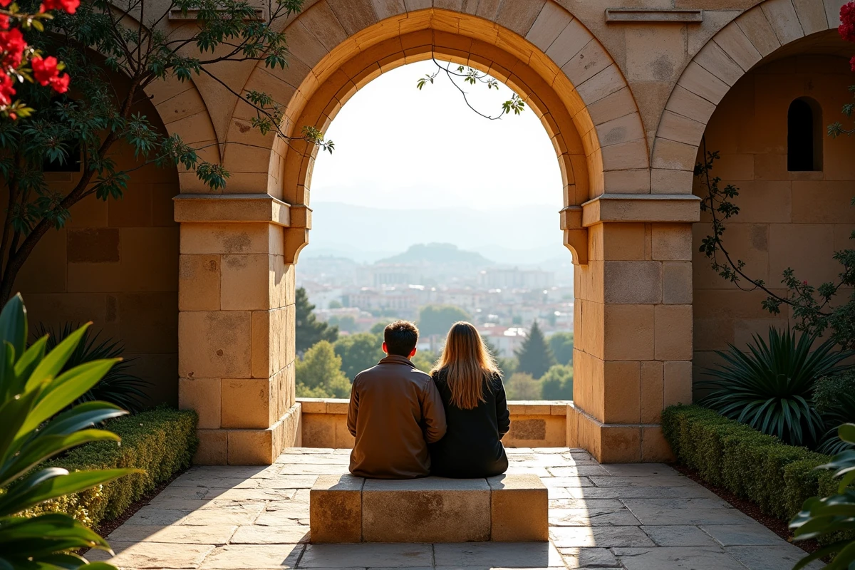 Couple assis dans les jardins de l'Alcazaba de Malaga en hiver avec vue sur la mer Méditerranée et les arches mauresques