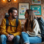 Jeune couple avec sacs à l'auberge en conversation