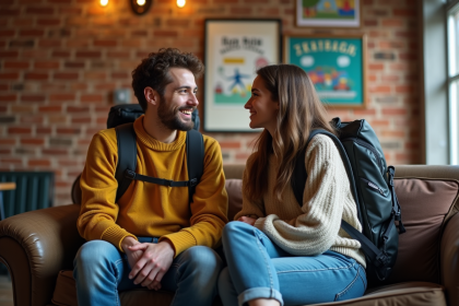 Jeune couple avec sacs à l'auberge en conversation