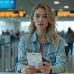 Jeune femme à l'aéroport tenant son billet et passeport