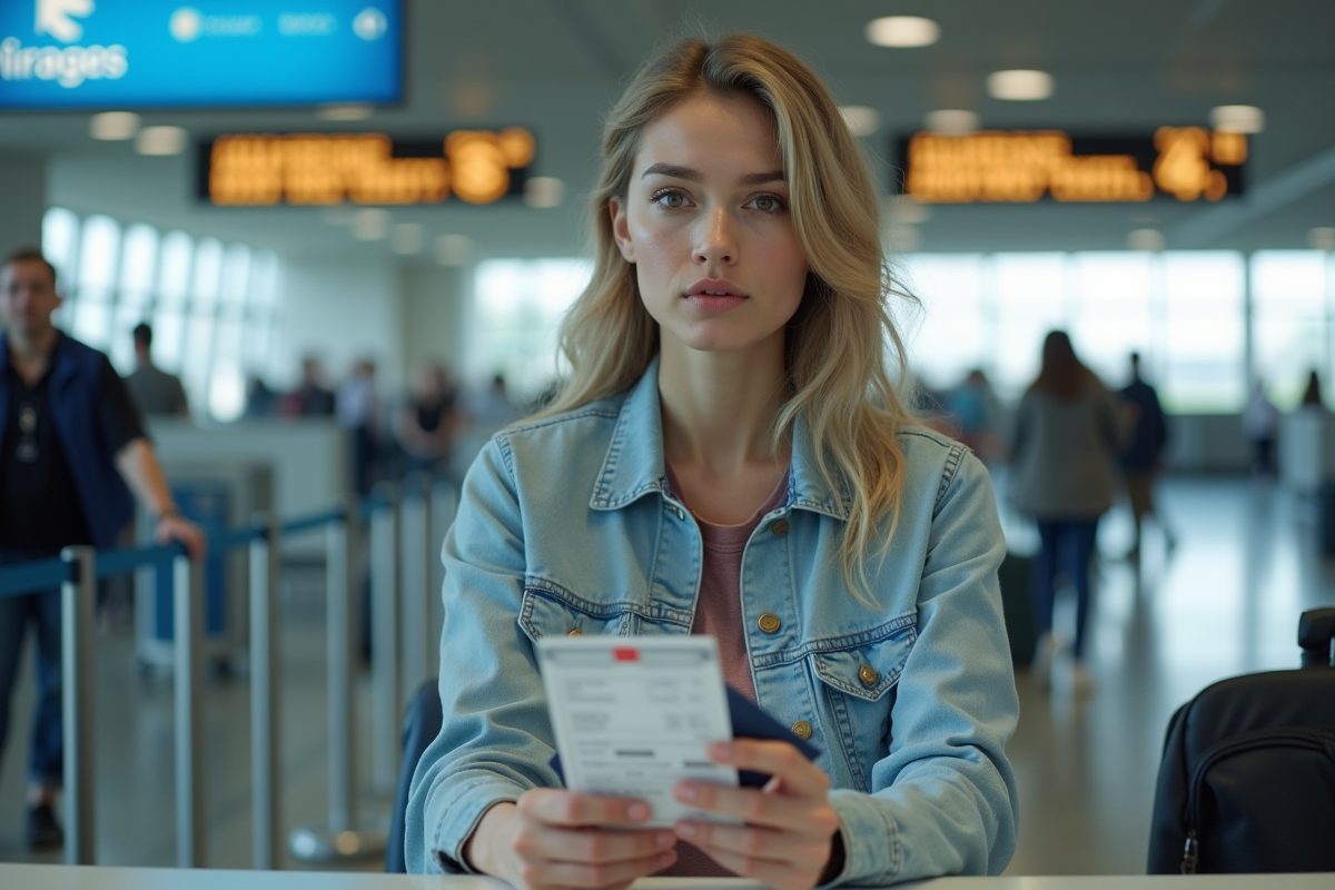 Jeune femme à l'aéroport tenant son billet et passeport