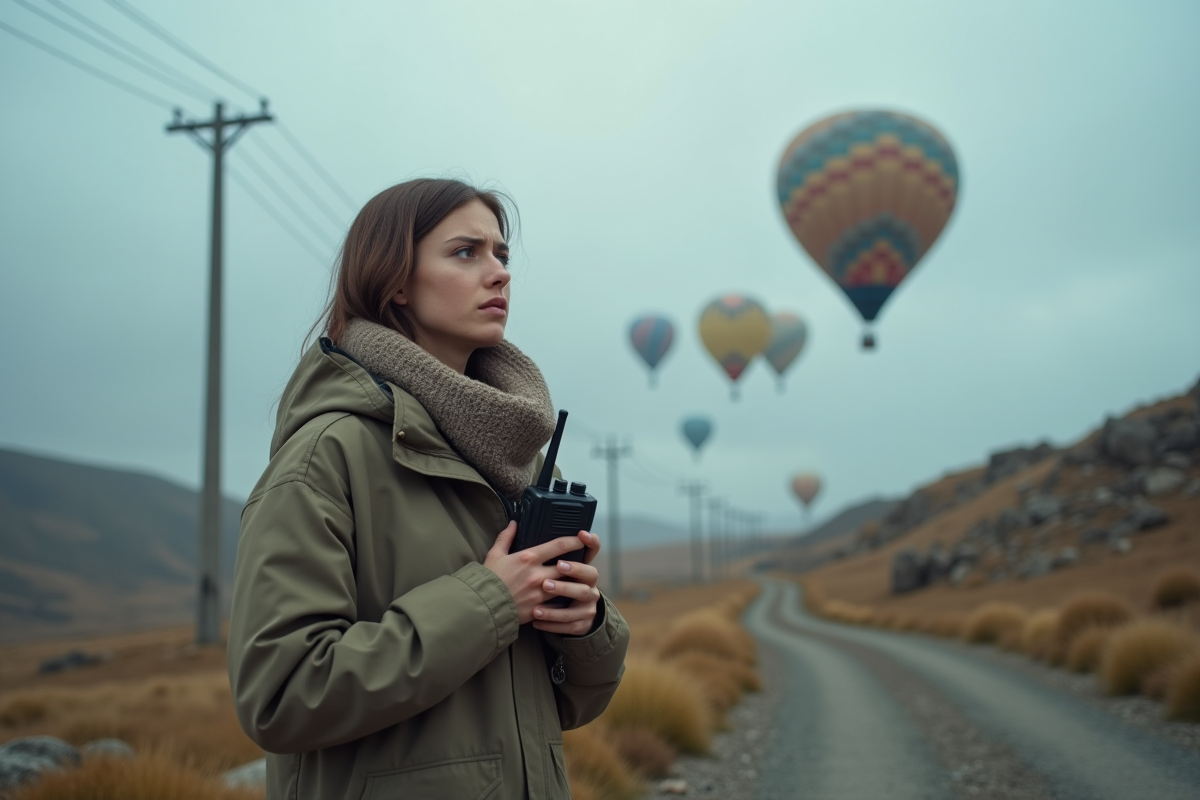 Jeune femme regardant des ballons en vol dans un paysage rocheux