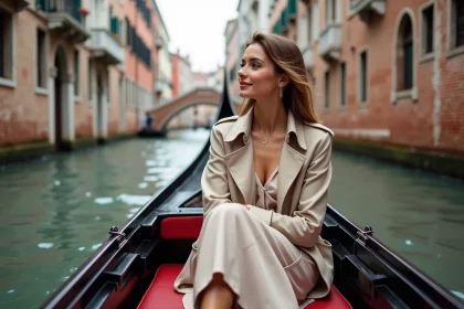 Jeune femme en trench et robe dans une gondole à Venise
