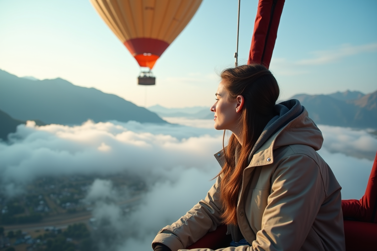 Jeune femme regardant la montagne depuis le ballon