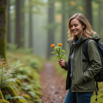 Jeune femme en randonnée examine des fleurs sauvages en forêt