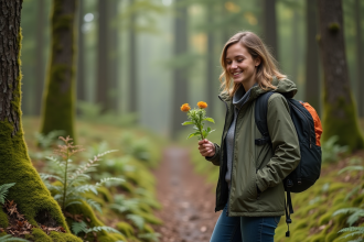 Jeune femme en randonnée examine des fleurs sauvages en forêt