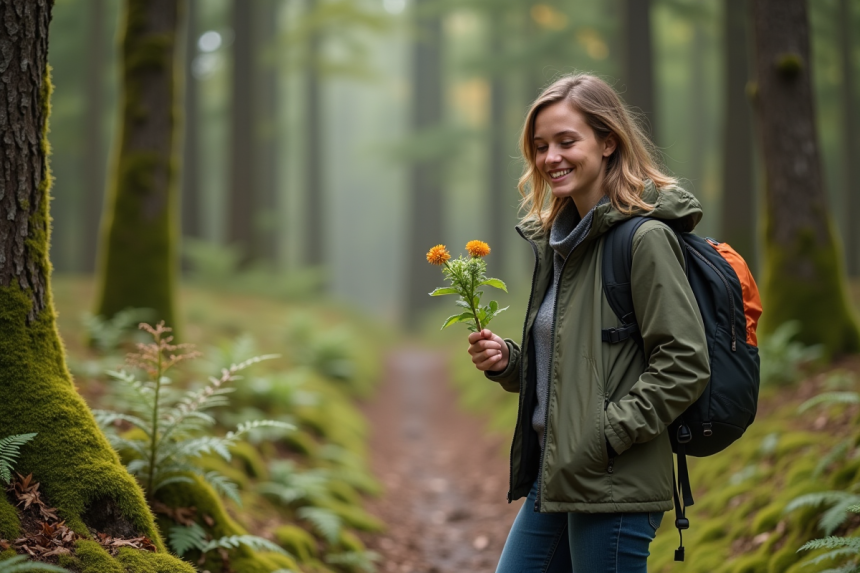 Jeune femme en randonnée examine des fleurs sauvages en forêt