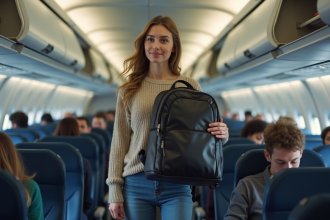 Jeune femme rangeant un sac dans un compartiment d'avion