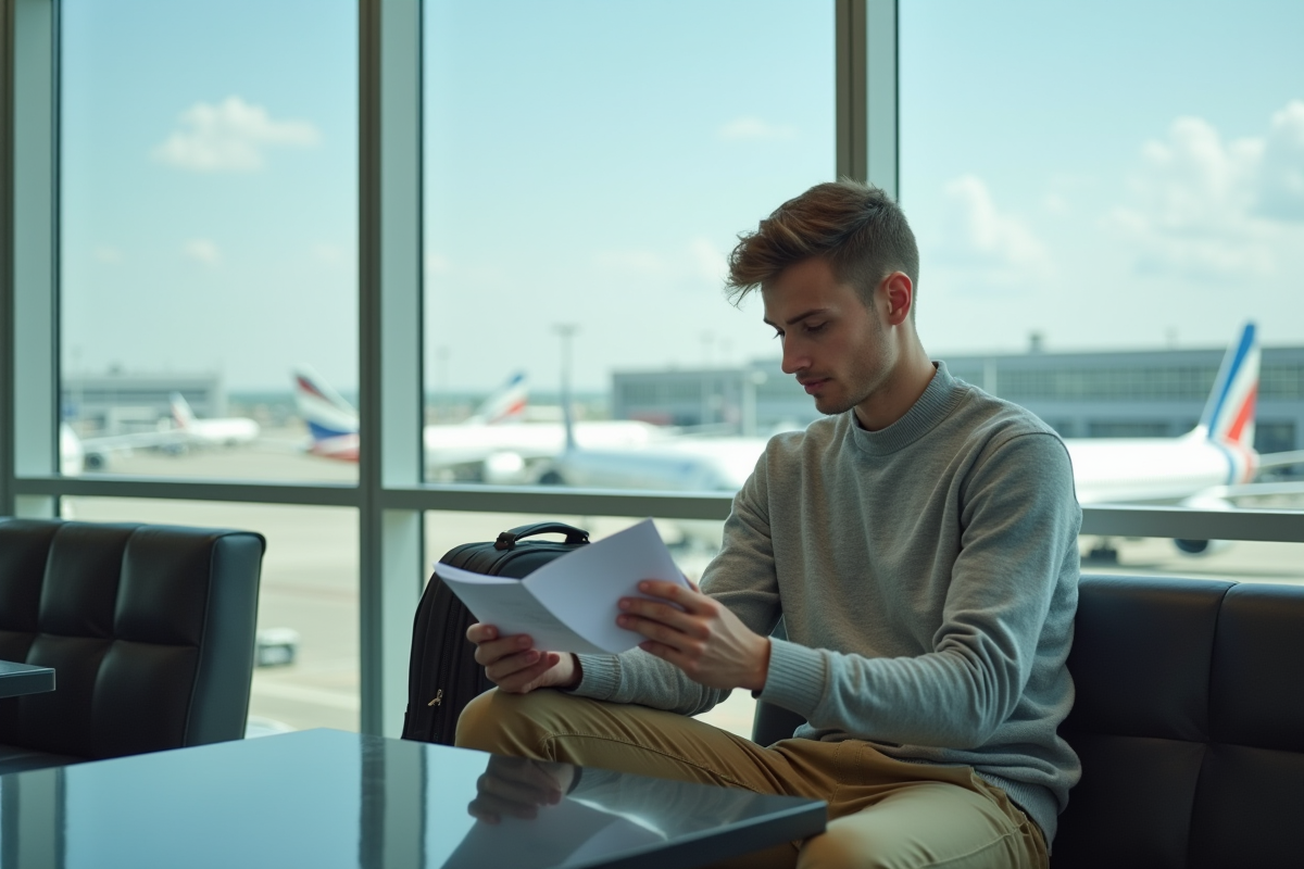 Jeune homme vérifiant son passeport dans un lounge aéroport